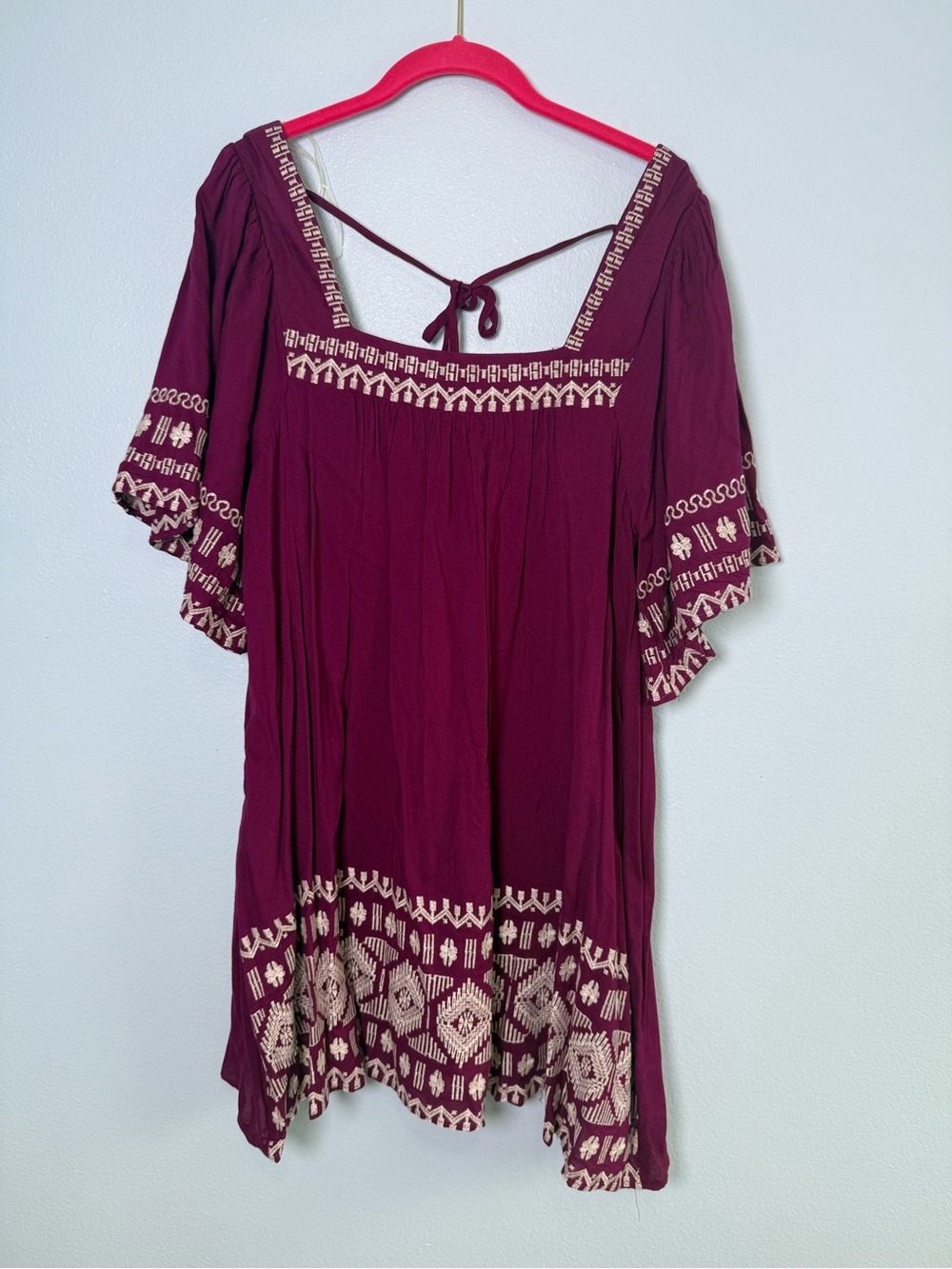 Boutique Wine Embroidered Square-Neck Tunic Dress
